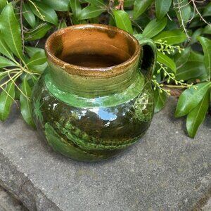 Vintage Green Glazed Pottery Bulbous Mug Leaf Design Possibly Majolica